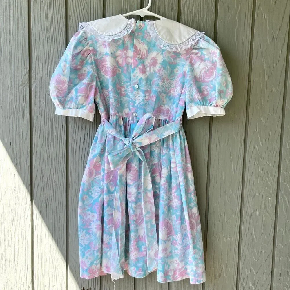 VTG Polly Flinders Pastel Floral Smocked Prairie Dress Girls 7 Lace Collar